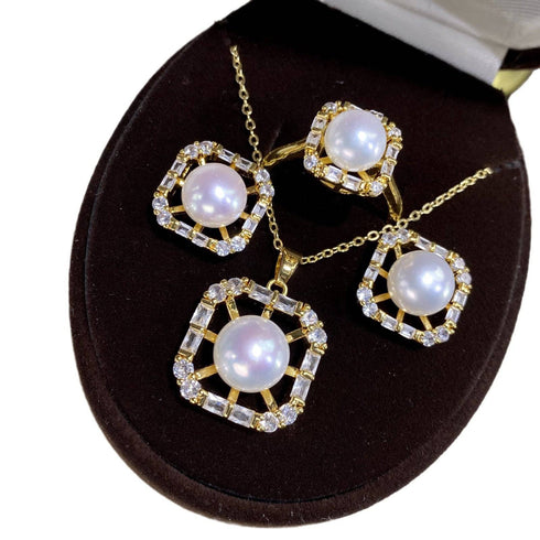 Square Zirconia White Freshwater Pearl Jewelry Set - House Of Pearls